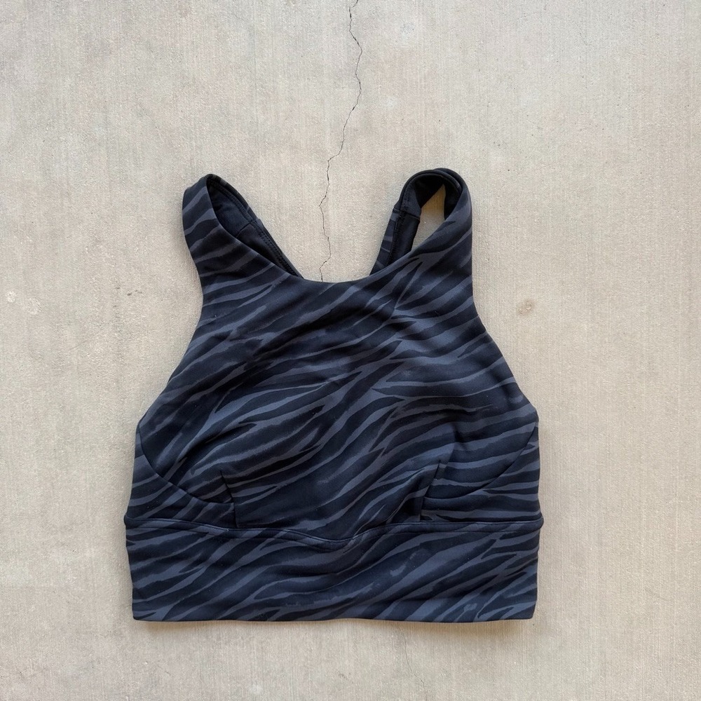 Lululemon Womens 4 Longline Sports Bra Black Gray Zebra Print Racerback Yoga